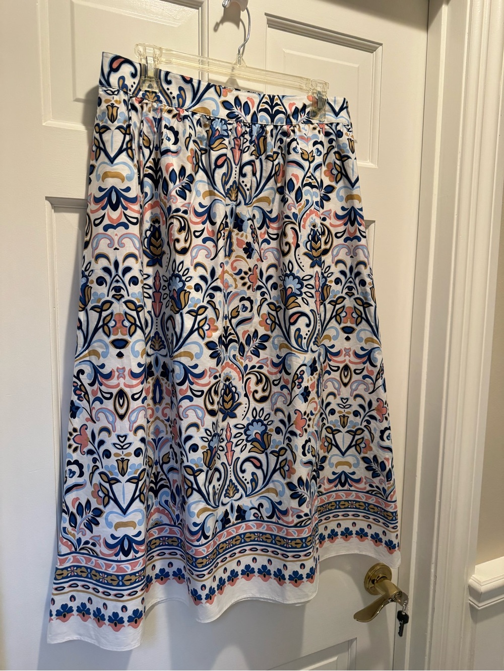 Talbots White A-Line Midi Skirt with Blue, Pink and Gold Floral Print